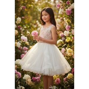 NWOT Couture Princess Girl 10 Pink Gold Flower Girl Tiered Tulle Dress Wedding